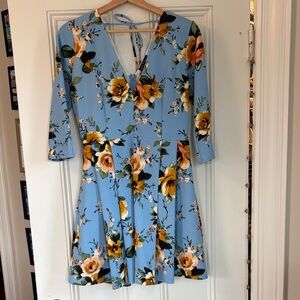 Mid Sleeve Floral Blue Mini Dress